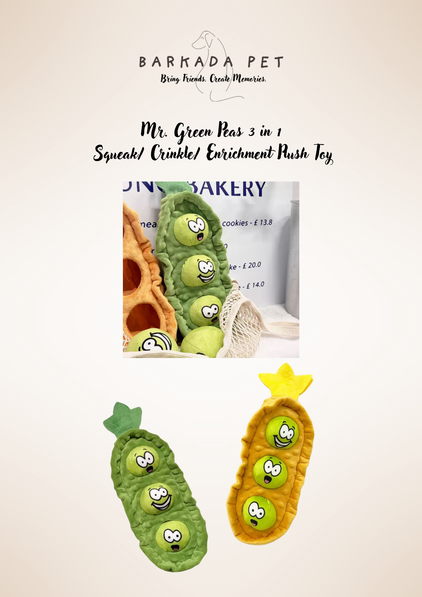 Mr Green Peas 3 in 1 Squeak/ Crinkle/ Plush Enrichment toy